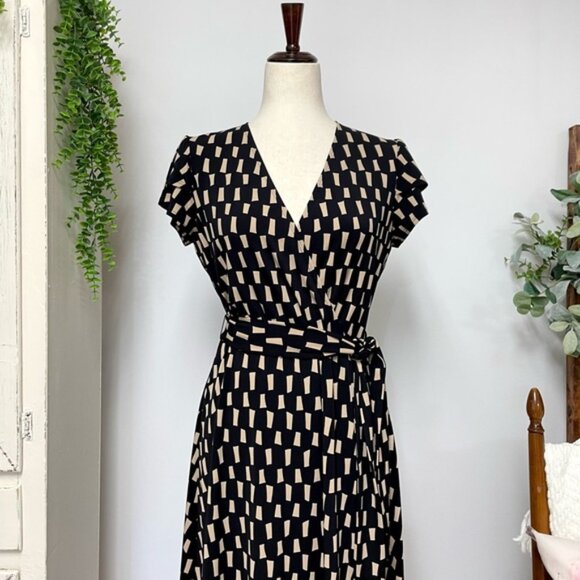 Joseph Ribkoff Wrap Front Jersey Midi Dress Black Beige Size 10 Style 222202 - Picture 4 of 16